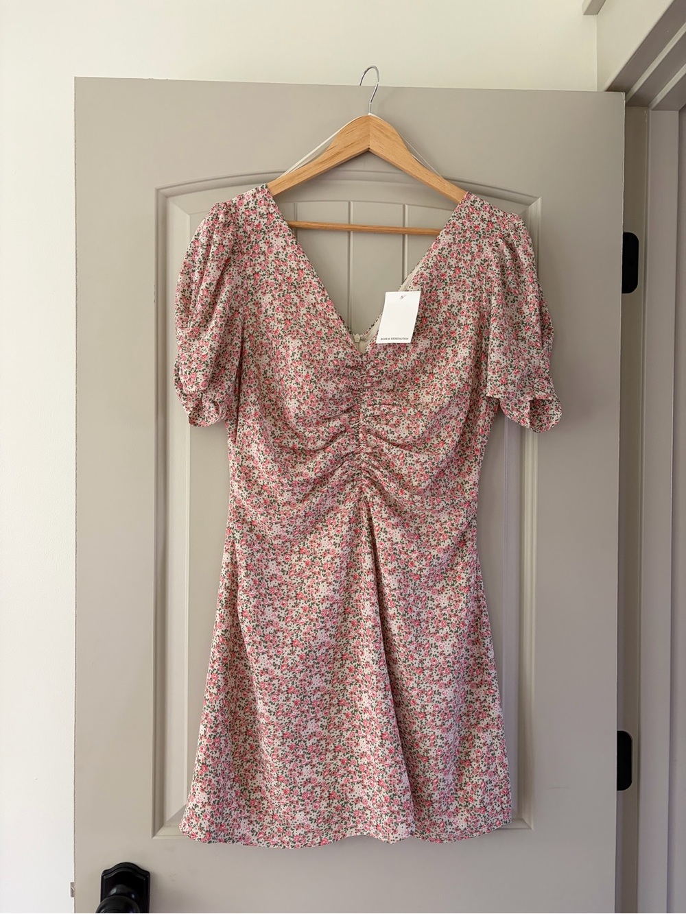 NWT Rose & Remington Lush Floral Ruched Mini Dress Puff Sleeve Pink | Large